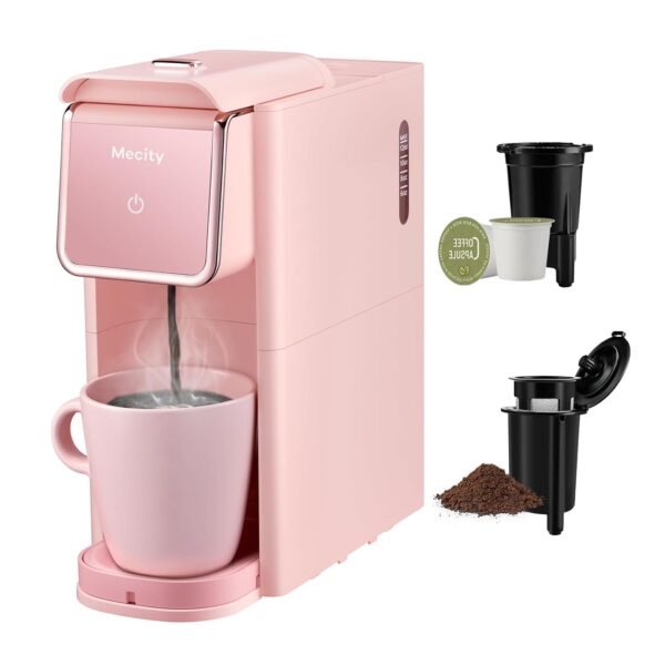 Mecity Pink Coffee Maker Mini Single Serve Coffee Machine Compatible with K Cup Capsule, Ground Coffee, Loose Tea, Small Coffee Pot For Home Use, RV, Apartment, Auto Shut Off...